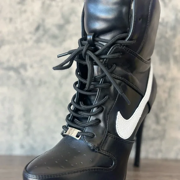 2000s Inspired Sneaker Black Lace-Up High-Heel Ankle Boot with White swoosh - Picture 3 of 7